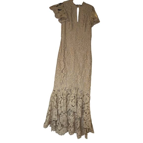 Soshanna Midnight Ruffled Sleeve High Low Lace Maxi Dress Tan Ivory Size 4 - Picture 1 of 7